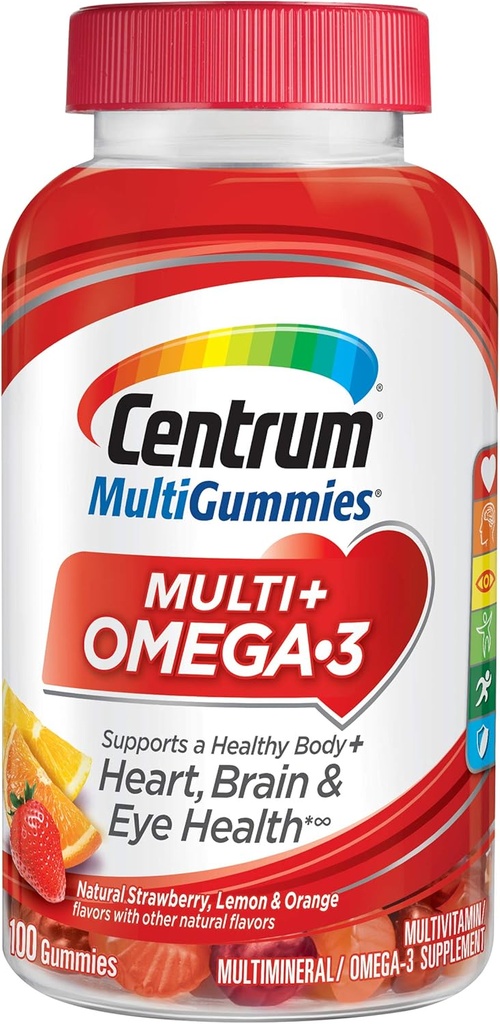 Centrum MultiGummies Omega 3 Gummy Multivitaminas suaugusiems, Multivitaminas / Multimineralinis priedas, braškės / citrinos / apelsinų aromatai - 100 Count