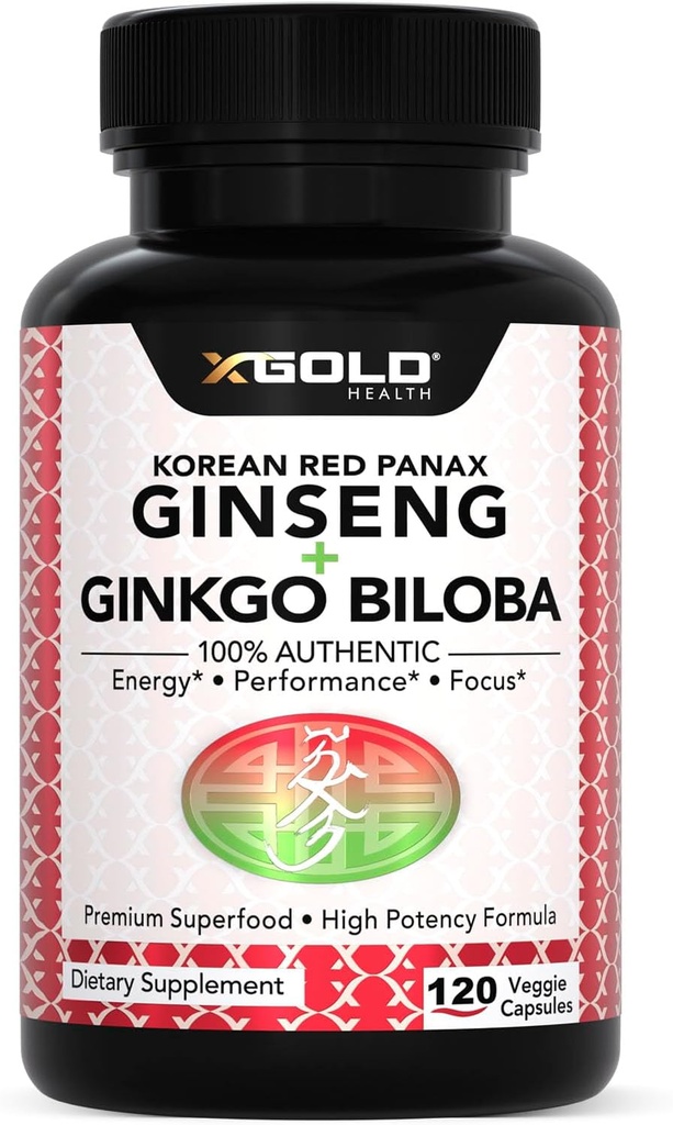 Autentiški Korėjos Red Panax Ginseng 1200mg + Ginkgo Biloba 160mg - High Ginsenosides Extra Force - Energija, Atmintis, Focus & smegenų sveikata - Vegano kapsulės vyrams ir moterims - 120 Count