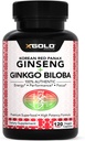 Autentiški Korėjos Red Panax Ginseng 1200mg + Ginkgo Biloba 160mg - High Ginsenosides Extra Force - Energija, Atmintis, Focus & smegenų sveikata - Vegano kapsulės vyrams ir moterims - 120 Count