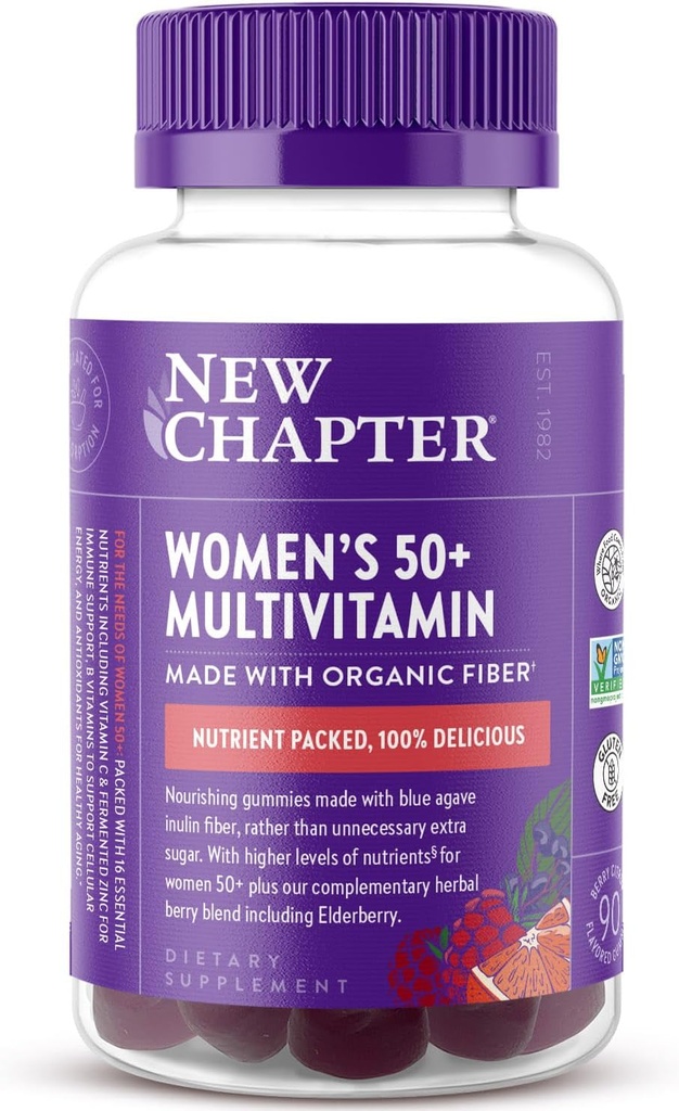 New Chapter Women’s 50+ Multivitamin Gummies – 52% Less Sugar, Women’s Healthy Aging Gummy Vitamins with Vitamin C, B Vitamins & Zinc, Non-GMO, Gluten Free, Berry Citrus Flavored, 90 ct
