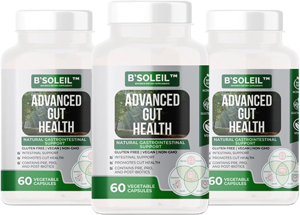 B 'Soleil ™ pakuotė 3 Advanced Gut Health Probiotics - Pre, Pro & Post Biotics - Natural virškinimo trakto parama - Gluten Free, Vegan & Non- GMO - 25 Billion KSV - 60 kapsulių kiekvienoje pakuotėje
