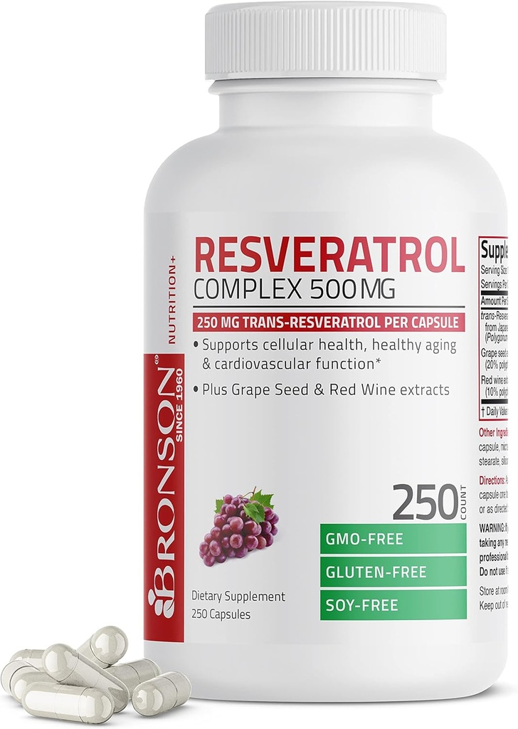 Bronson Resveratrol 500 Complex Standarted Trans- Resveratrol + Vynuogių sėklos ir raudonojo vyno ekstraktas, 250 kapsulių
