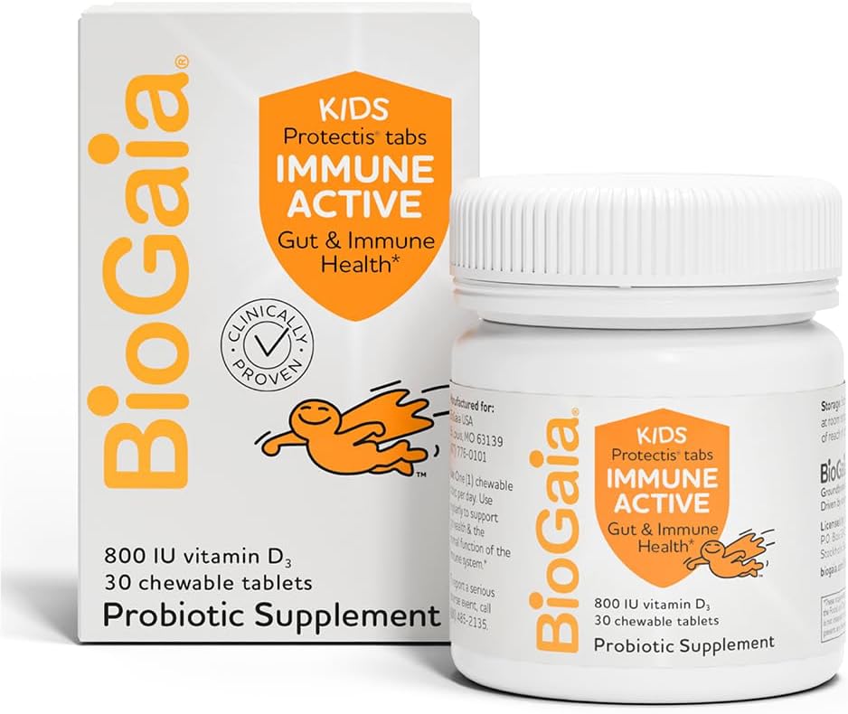 BioGaia Immune Active Kids ® 124; Probiotinis + Vitaminas D ® 124; Digive & Immune Health ® 124; Amžius 3 + 407 124; Allergen, Dairy, Soy & Gluten Free 124; Patikimas Pediatrics ® 124; 30 Dienos tiekimas ® 124; Orange Flavored Chowable