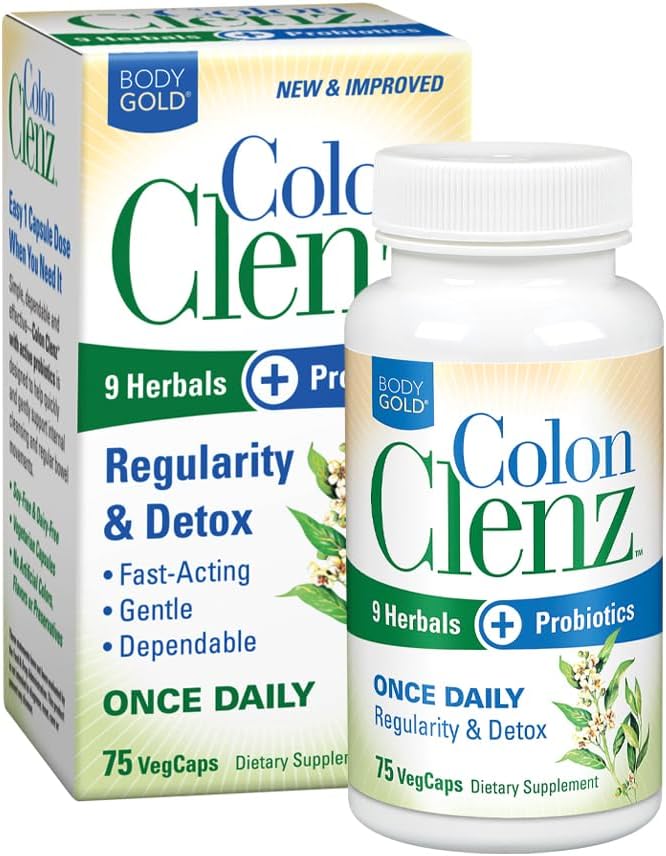 Body Gold Colon Clenz Reguliarumas & Detox Formulės ® 124; Kartą per parą Parama su 9 žolė + Aktyvus probiotikai ® 124; 75 CT