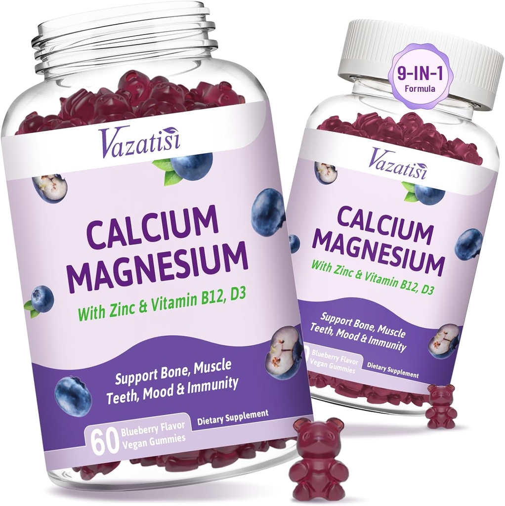 2 Pack Calcium Magnis Cinko Gummies with Vitaminum D3 & B12, Cukraus nemokamai kalcio papildai moterims, Vegan Blueberry skonis