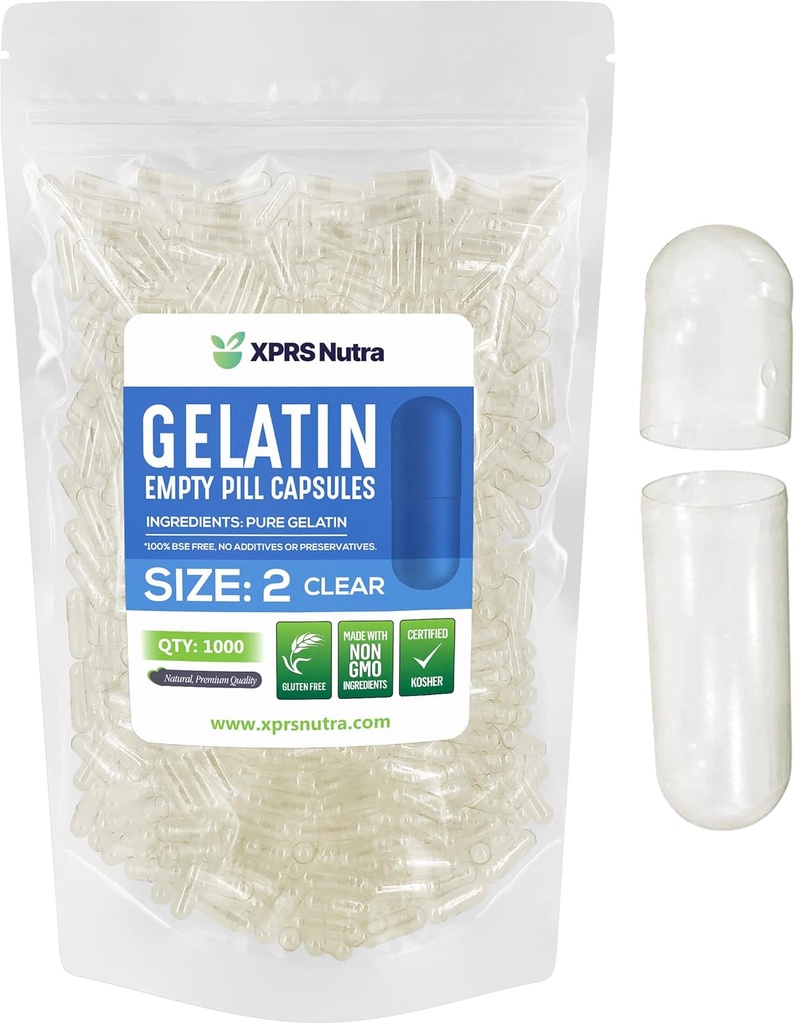 XPRS Nutra Size 2 Empty Capsules - 1000 Count Clear Empty Gelatin Capsules - Pills DIY Capsule Filling - Pure Bovine Pill Gel Caps for Do-It-Yourself Supplements
