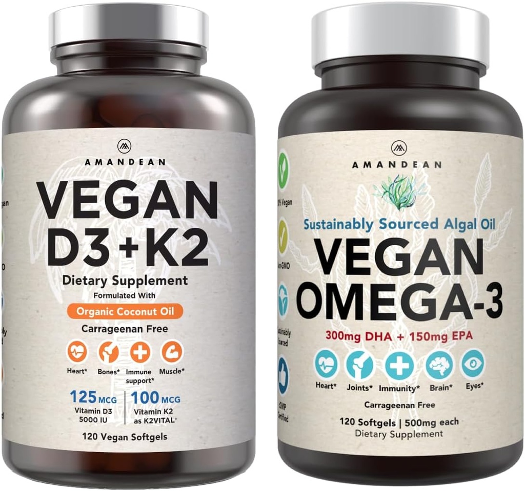 Vegan Powerhouse Combo. Omega-3 from Algal Oil & Vitamin D3 + K2. Plant-Based 5000 iu VIT D from Algae. 100 mcg All-Trans MK-7 Vita K. Carrageenan Free Veggie Softgels.