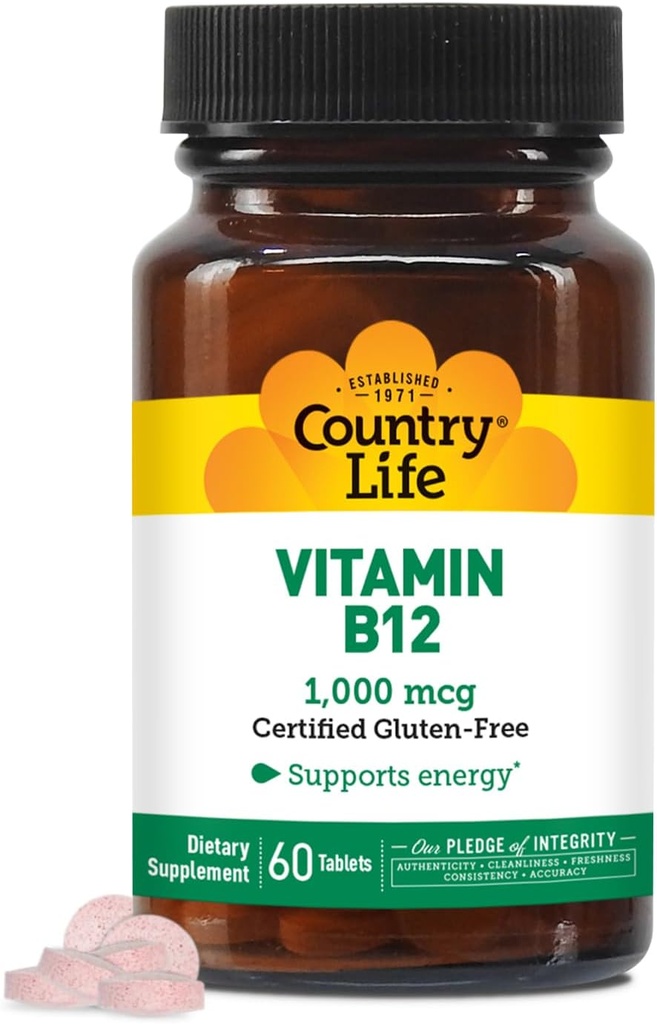 Country Life Vitaminas B12 Priedas - Esminis smegenų funkcija, Nerve Health, Raudonojo kraujo ląstelės - Idealiai tinka anemija prevencija - Vegan Vitaminas B, 1000 µg - Nemokamas, 60 tablečių