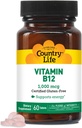 Country Life Vitaminas B12 Priedas - Esminis smegenų funkcija, Nerve Health, Raudonojo kraujo ląstelės - Idealiai tinka anemija prevencija - Vegan Vitaminas B, 1000 µg - Nemokamas, 60 tablečių