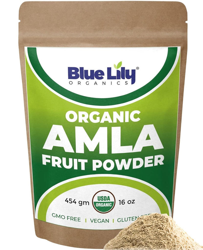 Blue Lily USDA Organic Amla Powder (Amalaki / Indian Gooseberry) 16oz (1lb) Resealable Kraft Bag, 100% Pure Amla Berry Powers, Rich in Antioksidantas Vitaminas C, Palaiko sveiką imuninę sistemą