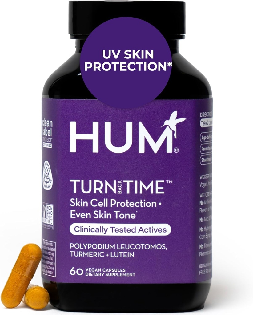 HUM Turn Back Time Turmeric Supplement for Youthful Looking Skin Support with Green Tea Extract, Lutein & Polyphenols, Skin Care Aging & Collagen Support Capsules for Even Tone, 60 Vegan Capsules