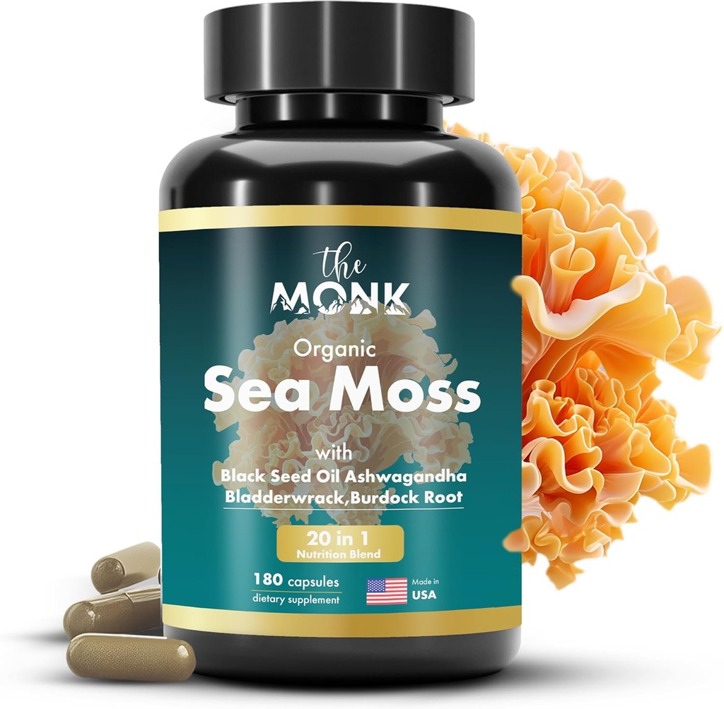 Organic Irish Sea Moss Capsules - Advanced Formulės, Žaliavinis Wildcrafted Seamoss priedas su Bladderwrack ir Burdock Root - 180 Pills - Pagaminta JAV