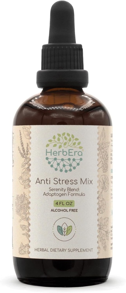 Anti Stress Mix B120 alkoholių - Nemokamas ekstraktas tinktūra, Eleuthero šaknis, Rhodiola šaknis, Schisandra Berry, Gotu Kola Herb, Šventasis bazilikas Herb. Serentity Blend: Adaptogen Formulės 4 Fl Oz
