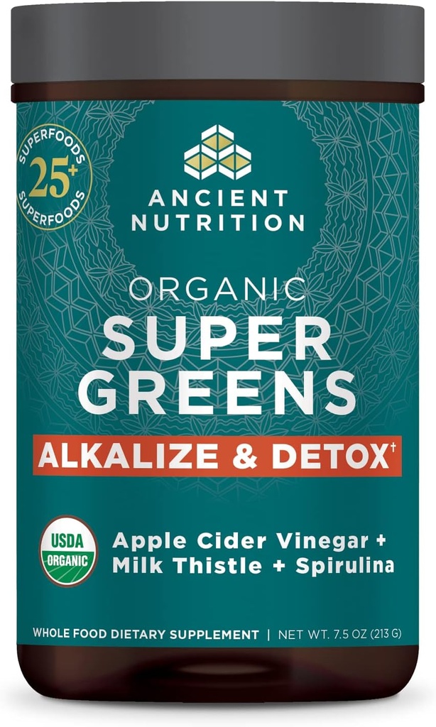 Senovės mityba Supergreens Alkalize & Detox milteliai, Organiniai Superfood milteliai pagaminti iš realių vaisių, Daržovių ir žolelių, Digital and Energy Support, 25 Servings, 7.5oz