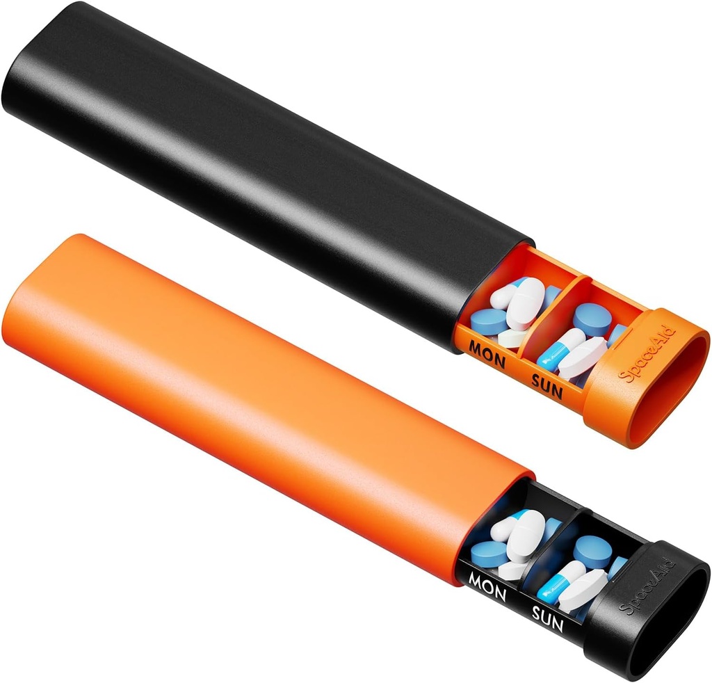 SpaceAid 2 Pack Pill Organizer Box 7 Day, Weekly Travel Pill Case Holder, 2 Times a Day AM PM Daily Pocket Pharmacy Dispenser Container for Pills, Vitamins and Medicine (Black, Orange)