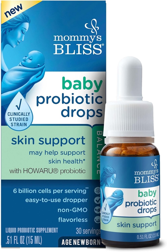 Mommy's Bliss Baby Probiotic Drops Skin Health Support, 6 Billion Cells per Serving, Age: Newborn & Up, 15 ML (30 Servings)