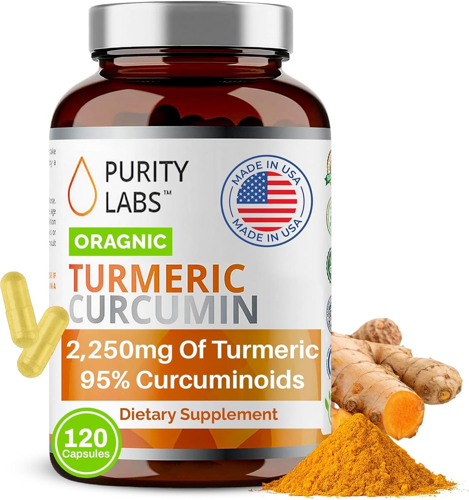 Grynumas Labs Organic Curcumin papildas su Piperine 2,250 MG / Tarnavimas ® 124; 95% Curcuminoids Turmeriniai papildai, Antioksidantas sąnarių skausmo malšinimo, Raumenų ir smegenų parama ® 124; Non- GMO - 120 kapsulės
