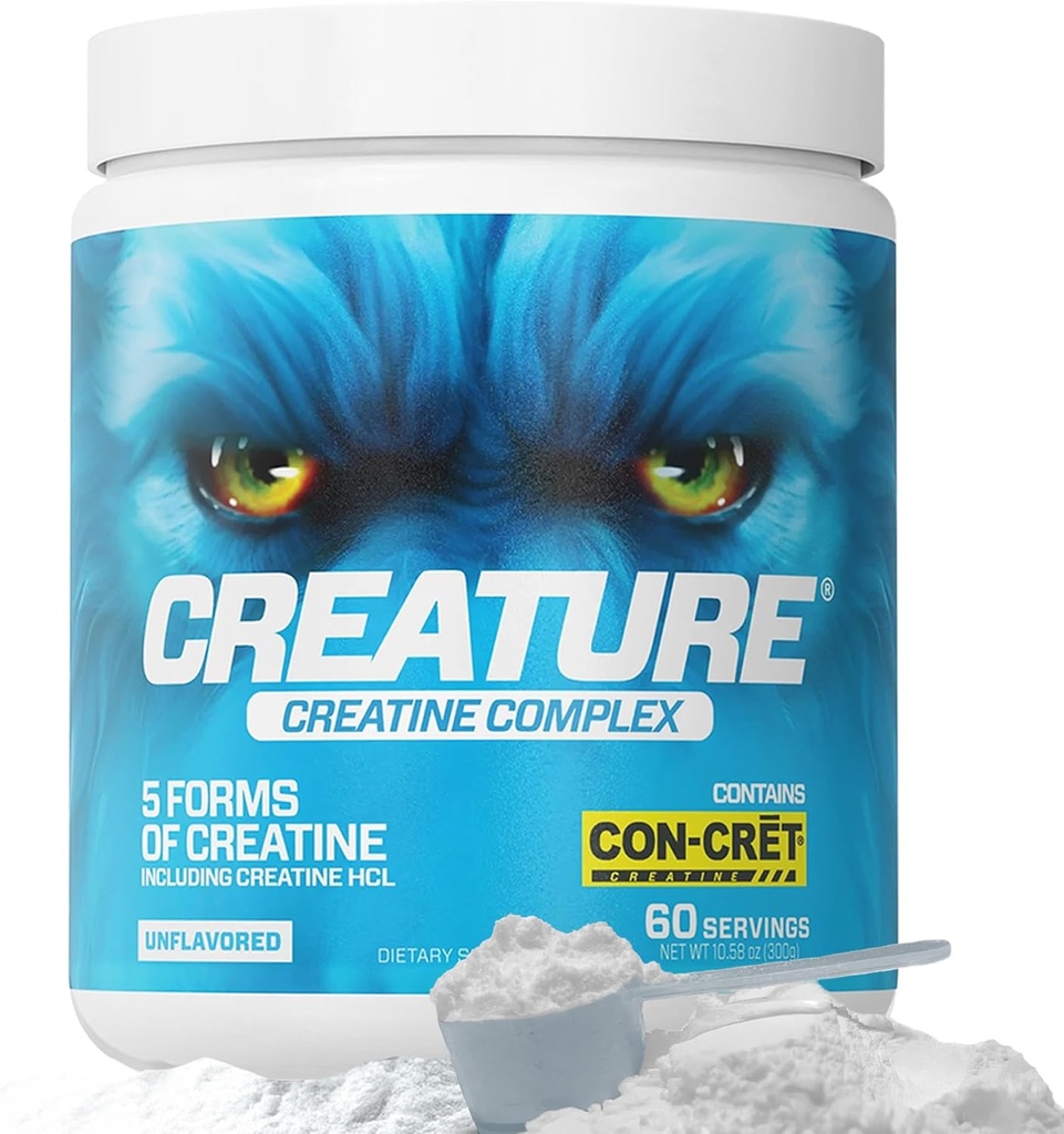 CREATURE ® Creatine Complex - Kreatino monohidratas Milteliai su 5 tipų kreatino įskaitant Con- Crēt ® kreatino HCL, Skatina raumenų, stiprumo, ištvermės, smegenų sveikatos, Neskonio, 300g 60 Servings
