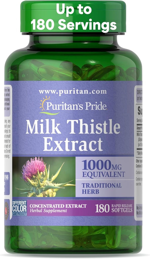 Puritan 's Milk Thistle 4: 1 ekstraktas 1000mg 180 Softgels (Silymarin) Kepenų sveikata