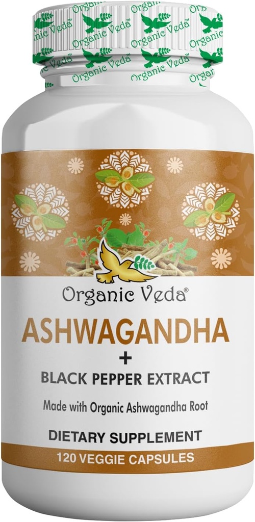 Organic Veda Ashwagandha Supplements, 1500mg - Ashwagandha Capsules with Black Peper Extract - Pagaminta iš Pure 100% Organic Ashwagandha Root - Mood Support Addition & Energy, 120 Veggie