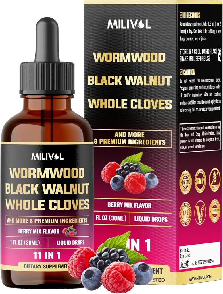 11in1 Black Walnut Wormwood tinktūros ekstraktas su pilnu kevalu, berberinu ir 8 Plačiau - 2 Mėnesių tiekimas - 1 Fl Oz - Berry Mix Favor