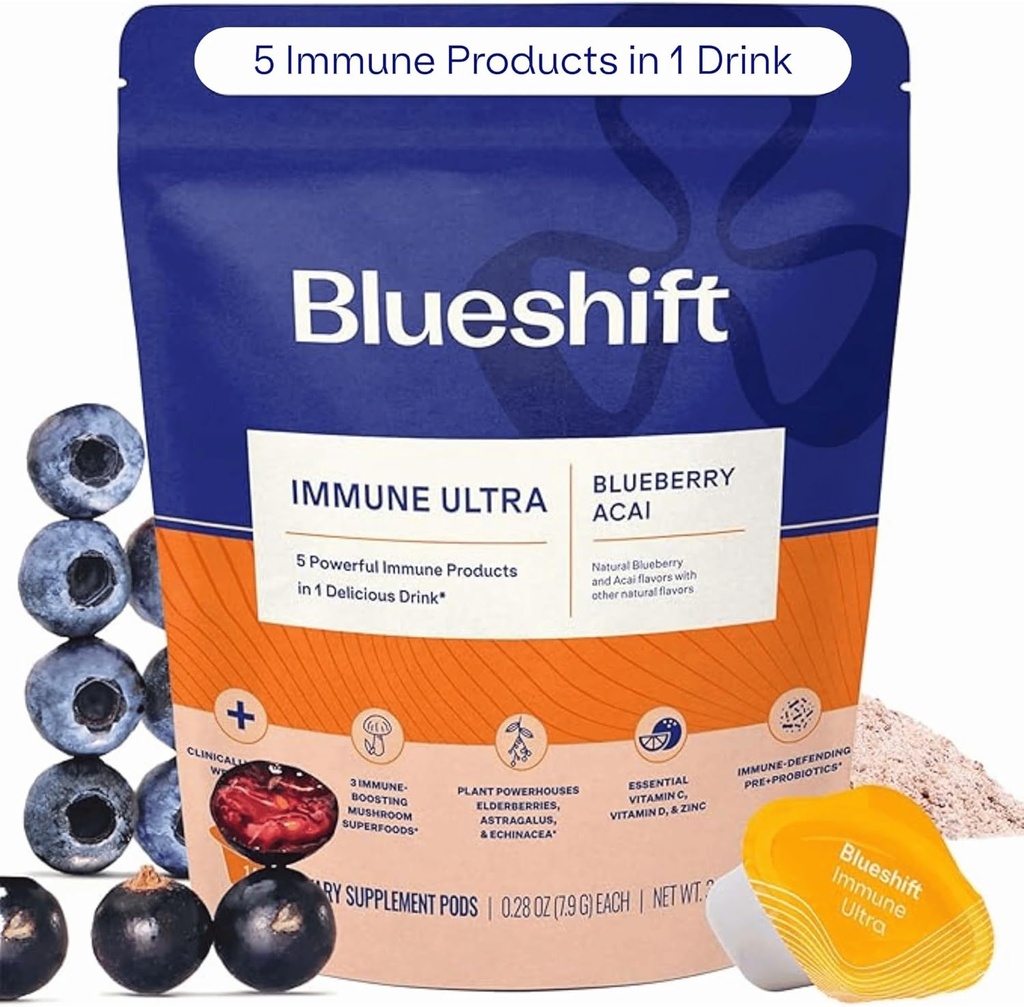Blueshft Immune Ultra - 5-in-1 Immune Support Miltels Drink Mix, Immune Defence Vitaminas su vitaminu C, Cinko, Superfood, Antioksidantai, Probiotikai - Blueberry Acai Pods (14 pakuotė)