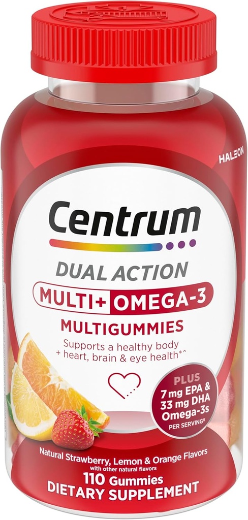 Centrum MultiGummies Multi + Omega 3 Dual Action, Suaugusiųjų multivitaminas, Multivitaminas / Multimineralinis / Omega 3 priedas, braškės / citrinos / apelsinų aromatai - 110 Skaičiavimas