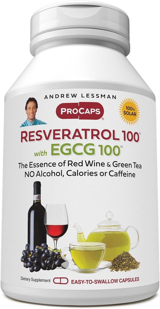 ANDREW LESSMAN Resveratrol- 100 EGCG 100mg - 180 kapsulės - Du natūralūs Occurring antioksidantai, Be alkoholio ar kofeino.