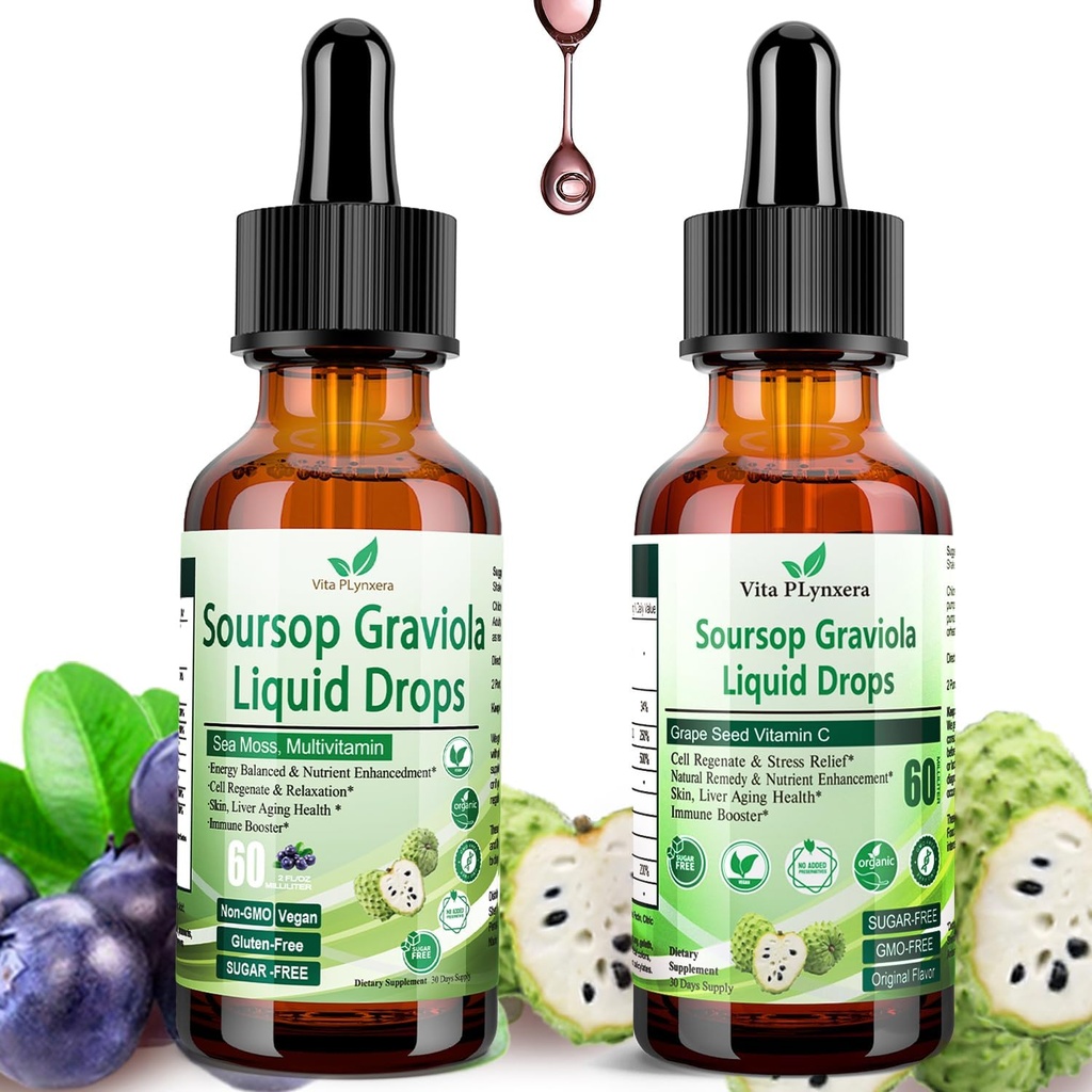 2 Pack Soursop Britters Liquid Organic Soursop ekstraktas Multivitamin Drops w. Sea Moss, Vynuogių sėklos, Elderberry, Nerafinuotas Soursop aliejus odai, imuninis Boost, Digestion Pagalba