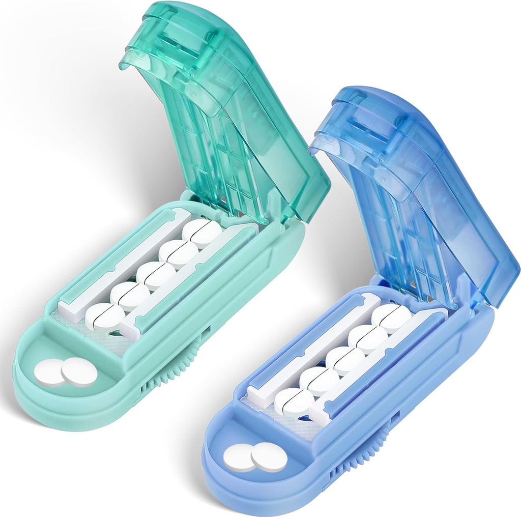 DUBSTAR 2PBS pistoletai Cutter Splitter mažoms ir Tiny Pills, Multiple Pill Cutters mažoms arba didelėms pistoletams, Reguliuojamas pistoletai Splitter su Centralizavimo ir karkaso apsauga (Blue + Cyan)