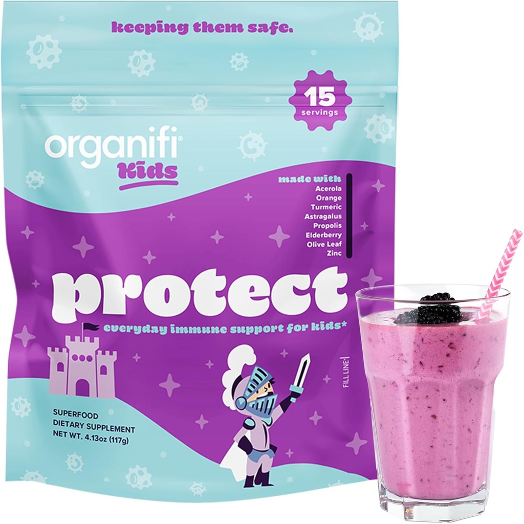 Organifi Kids: Apsaugoti - Kasdien imuninė parama vaikams su Elderbergo, Acerola vyšnių ir cinko - Berry Flavored Immunity Mill - Plant-Based, Vegan, ir No Gluten, Dairy or Soy - 15 Paslaugos