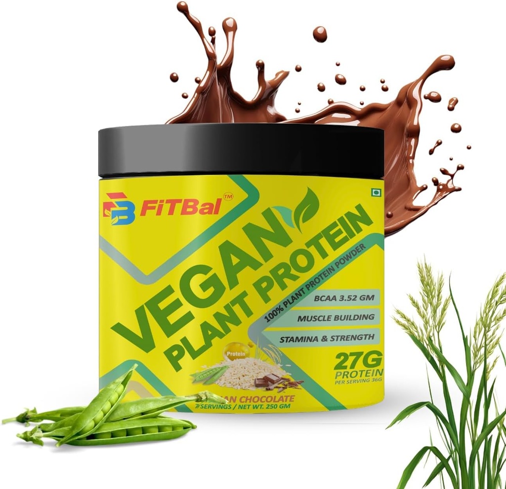 Vegan Plant Protein Powder Pea, Brown Rice Protein 250 gram(7 Servings) Serving Quantity-36 G 27 G Protein Per Serving, Glutamine -4.35gm BCAA-3.53GM