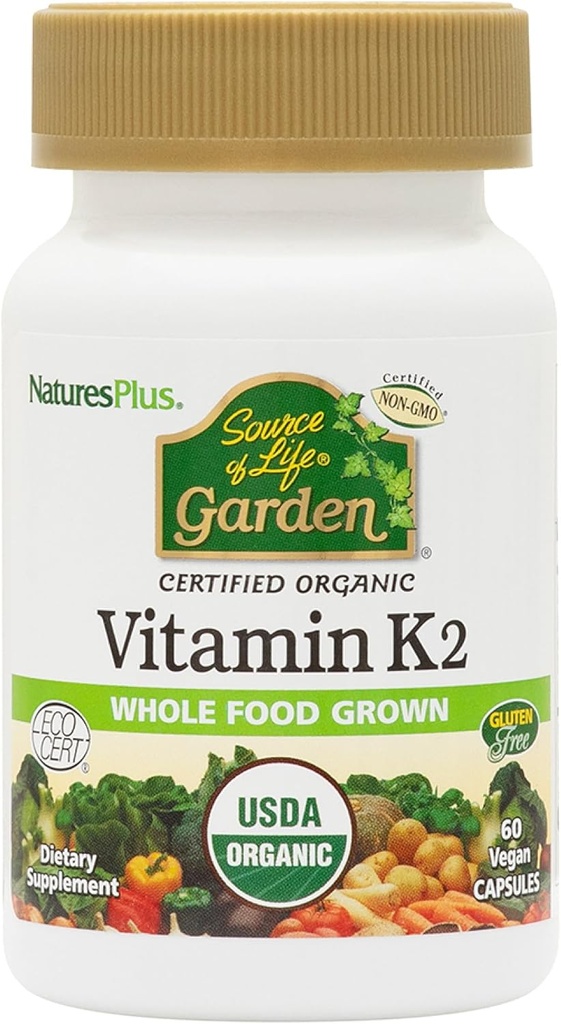 NaturesPlus Source of Life Garden Vitamin K2-60 Vegan Capsules, Pack of 2 - Bone Support - Certified Organic, Non-GMO, Gluten Free - 120 Total Servings