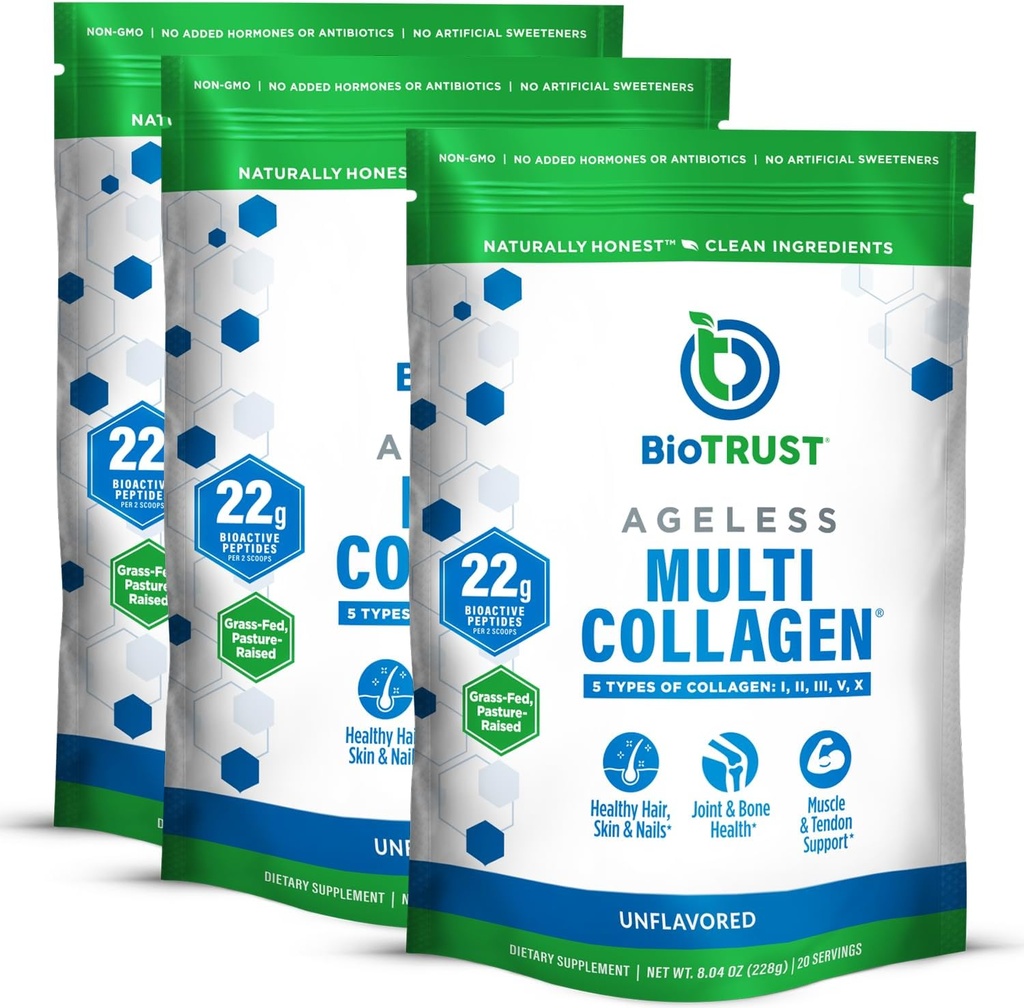 BioTrust Ageless Multi Collagen Peptides Mill - 5 Tipai (I, II, III, V, X) - Unflavored Collagen Mill for Women & Men - Hidrolizuotas baltymas - Žolės Fed Jautiena, Žuvys, Vištienos, Eggshell Membrane, 3-pk