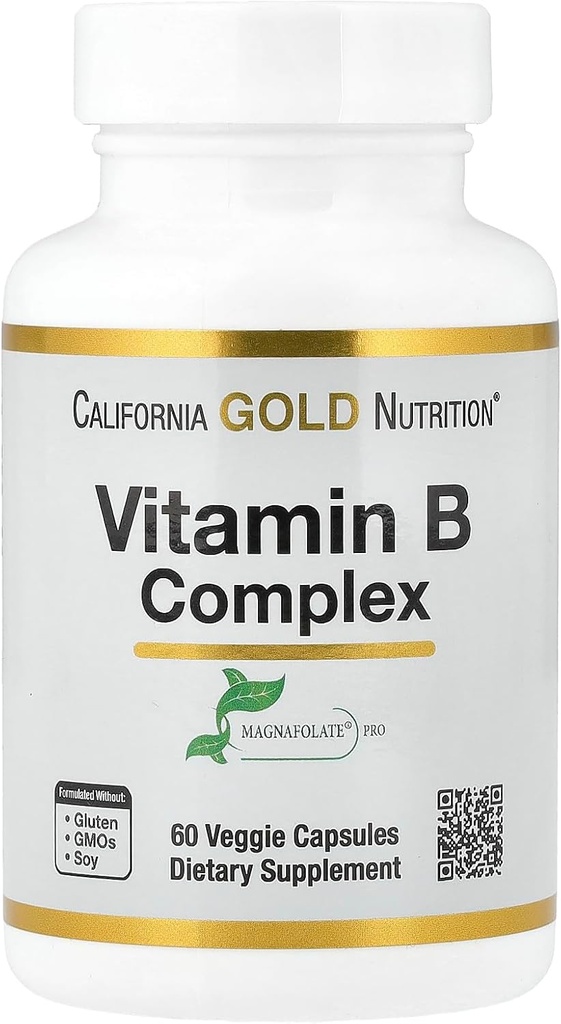 California Gold Nutrition Vitaminų B kompleksas, Tiaminas B1, riboflavinas B2, Niacinas B3, piridoksinas B6, biotinas B7, pantoteninė rūgštis B5 ir Pro Folate B9, Gluten Free, Ne GMO, 60 Veggie kapsulių