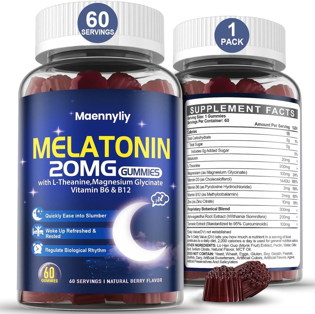 Melatonin 20mg Gummies for Adults - Sugar Free Melatonin Gummies Extra Strength with L-Theanine, Magnesium, Ashwagandha, Turmeric, D3 & Zinc - Non-Habit Forming