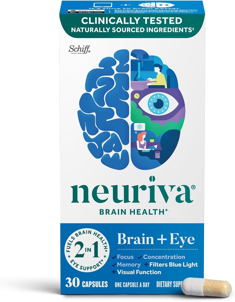 NEURIVA Brain + Eye Supplement for Memory, Focus & Concentration with Lutein & Vitamins A C E and Zinc for Eye Health & Zeaxanthin to Filter Blue Light, 30ct Capsules