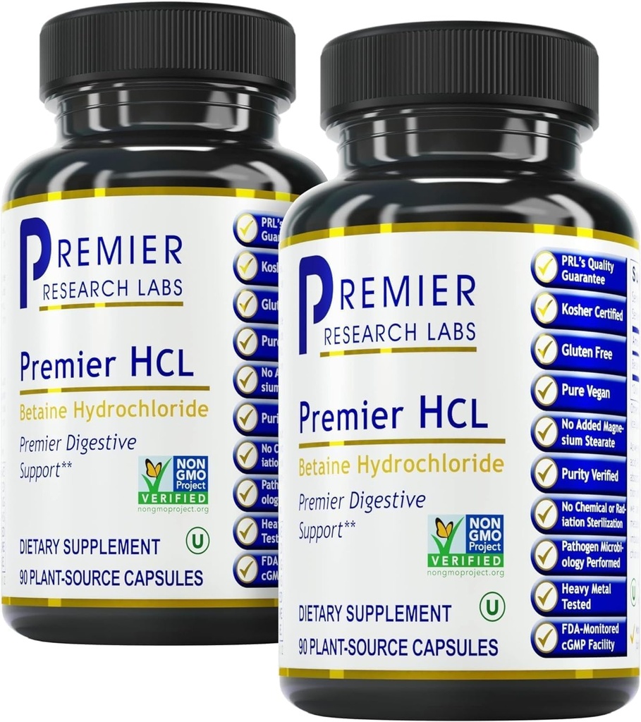 Premier Research Labs Premier HCL - Padeda maistingumo absorbciją & Digiminė funkcija - Sujungti su HCL aktyvatoriaus papildas - Betaine HCL Digestion - 90 Plant- Šaltinio kapsulės