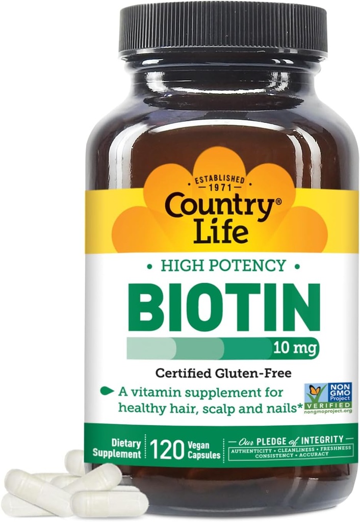 Country Life High- Power Biotin 10mg - Vegan & Gluten- Free Biotin Addition for Skin & Vines, Energy Metabolization - Biotin 10000mcg Capsules