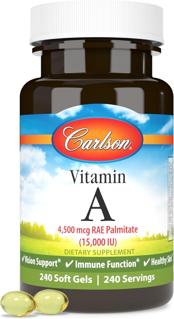Carlson - Vitaminas A, 15000 TV Palmitato (4500 µg RAE), Vision Health & sveika oda, imuninė funkcija, 240 Softgels