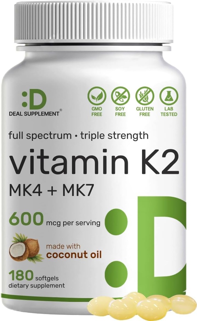 DEGIMO PARAMA Vitaminas K2 papildymas 600µg, 180 kokosų aliejaus softgels ® 124; Full Spectrum High Absorbtion MK-7 & MK-4 Formos ® 124; Kaulai, sąnariai, & Imuninė parama - Non- GMO