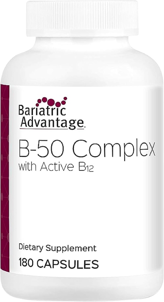 Bariatric Advantage B- 50 kompleksas su aktyviu B12, didelio stiprumo papildu, kuriame yra visi esminiai B vitaminai su cholinu, inozitoliu ir PABA - 180 Count