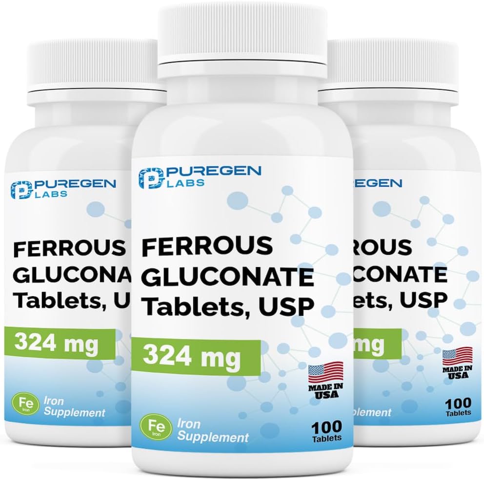 Puregen Labs Ferrous Gluconate 324 mg [High Postance] Geležies priedas, Švelnus ant skrandžio, 124; 3 Pack - 300 tablečių Iš viso