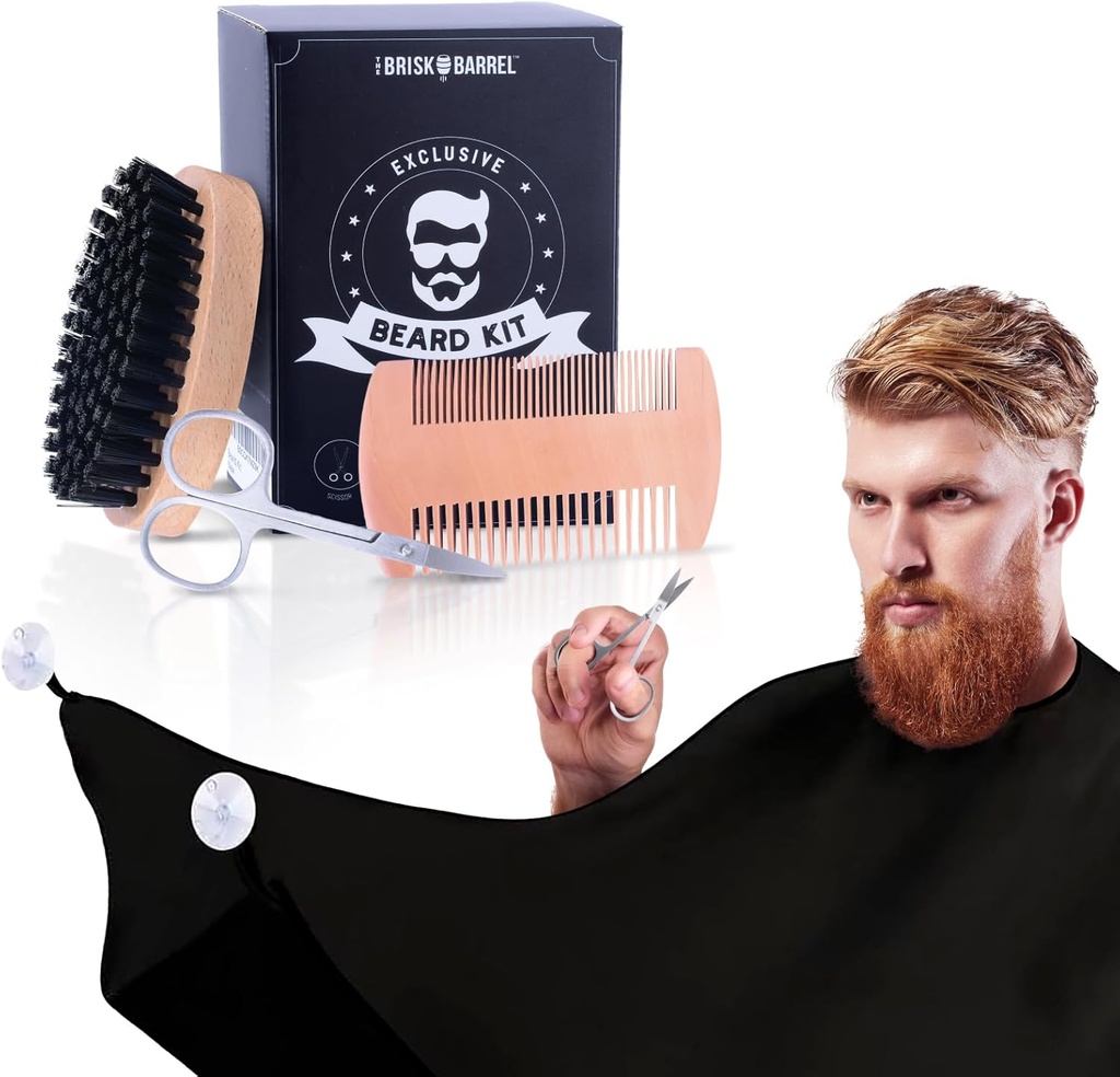 Barzdos grooming rinkinys vyrams 4 iš 1. Barzdos šepetys ir Comb Set su Messy Free Bib Apron, Mustache žirklės. Natūralus šepetys ir dviejų veiksmų Comb. Vyrų grooming. Dovana vyrui,