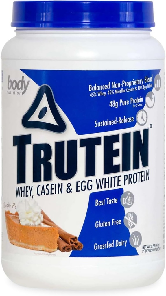 Body Nutrition Trutein High Protein Powder: 45% Whey, 45% Casein, 10% Egg White, Gluten-Free, Low Sodium, Grass Fed Whey Protein Powder, Gym Supplement & Breakfast Shake, Pumpkin Pie, 2lb