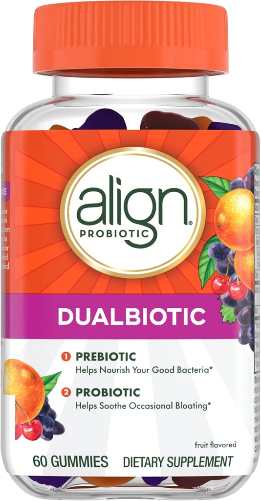 Align Dualbiotic, Prebiotics ir Probiotics for Women and Men, Probiotics for Digistive Health, Prebiotics Help Nourish Good Bakteria, Natural Fruit Flavors, 60 Probiotic Gummies