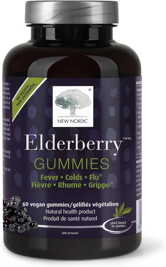 NEW NORDIC Elderberry Vegan Gummies, Sugar Free Chewable Immune Support with Vitamin C for Adults and Kids 4+, No Artificial Colors or Flavors, 60 Count (Pack of 1)