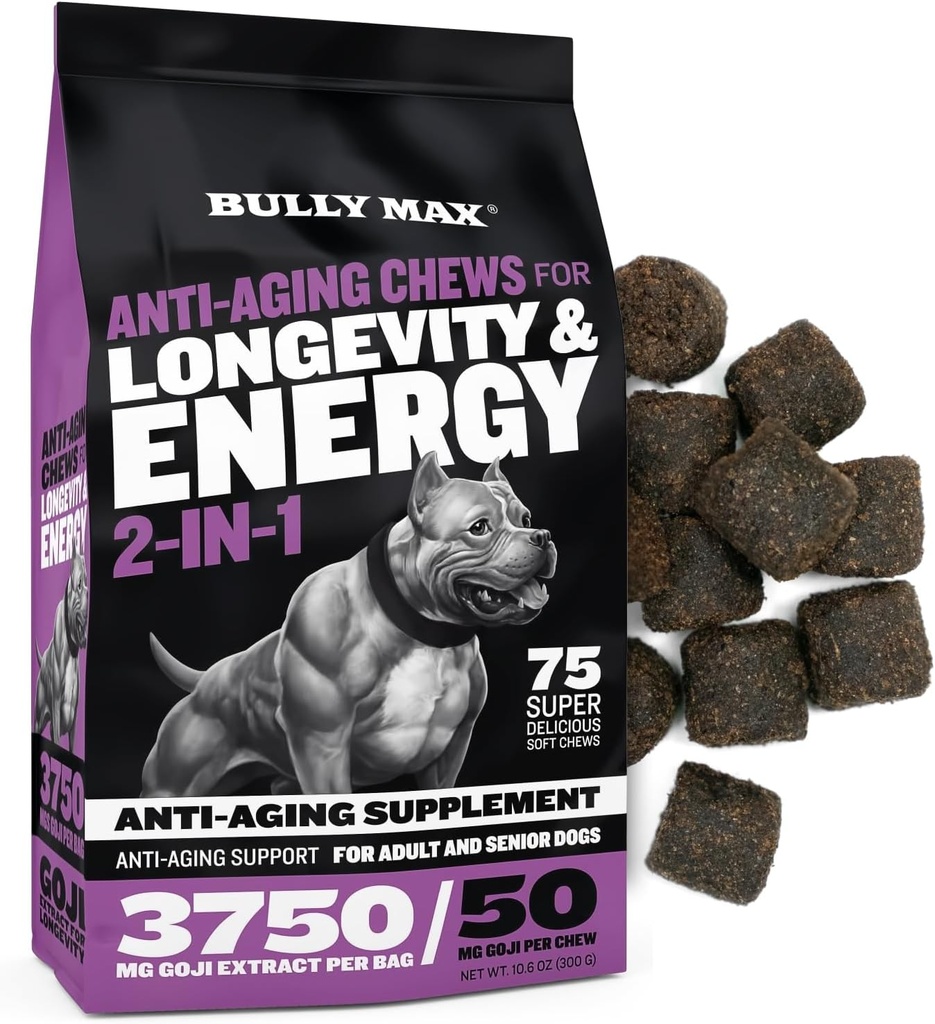 Bully Max 2-in-1 Anti- Aging Multivitaminų Chews - Vyresnysis šuo maisto papildas gyvybingumui, imunitetas, Bendra parama su Postbiotics - Suaugusiųjų šunų vitaminai mažoms ir didelėms veislėms - 75 Skaniosios minkštos Chews