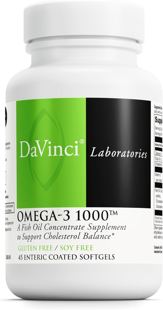DAVINCI Labs Omega-3 1000 - Dietos priedas, siekiant išlaikyti jau normalų cholesterolio kiekį ir palaikyti imuninę sistemą, sveikus plaukus ir odą * - 45 Enteric Dengtas minkštiklius