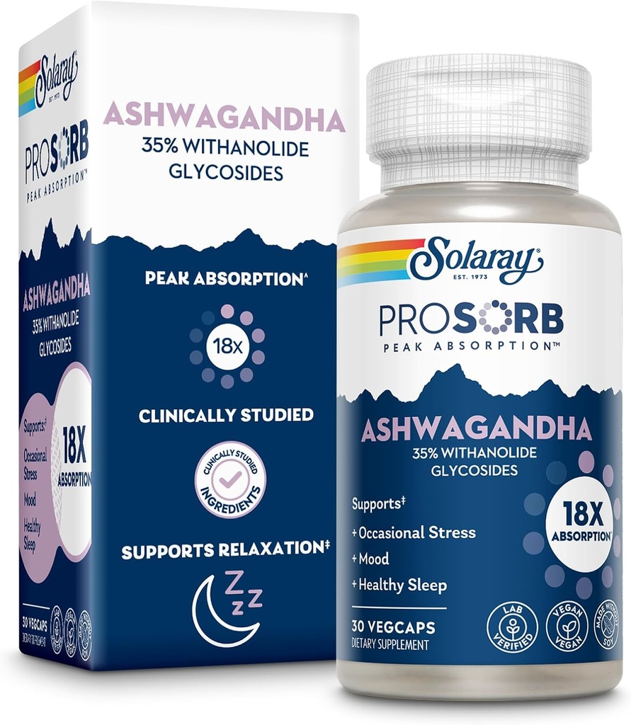 SOLARAY Ashwagandha Capsules 18X Absorption - Ashwagandha Root and Leaf Extract 240 mg - Occasional Stress Relief and Mood Support Supplement - Vegan, 60-Day Guarantee - 30 Servings, 30 VegCaps